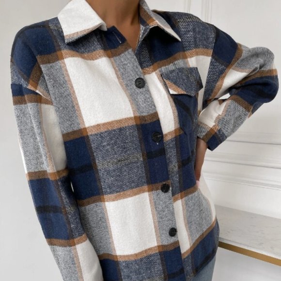 Plaid Flap Pocket boyfriend shacket trucker jacket navy blue tan white - Picture 2 of 16